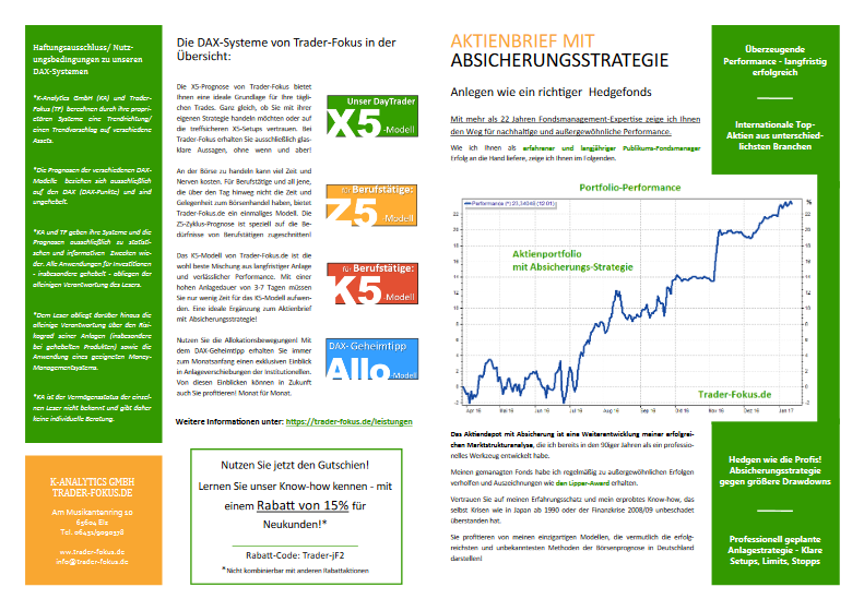 Informations-Flyer Aktienbrief mit professioneller Absicherungsstrategie Trader-Fokus.de